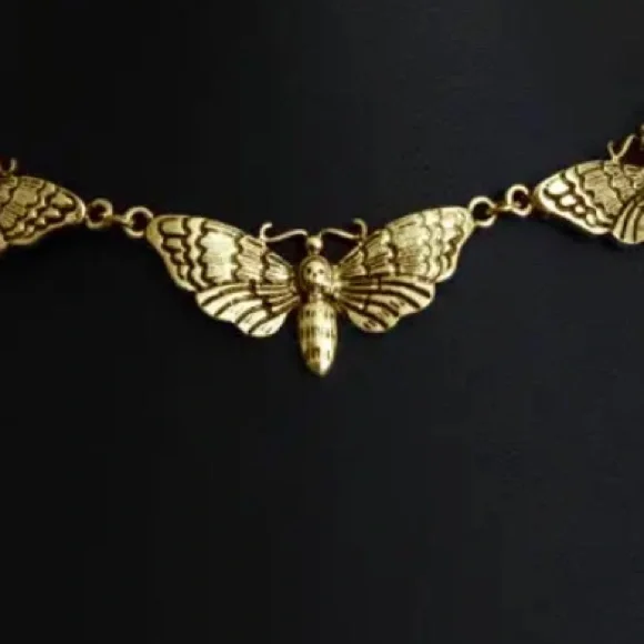 NWT antique gold tone Deaths Head Moth necklace new with tags goth horror - Picture 2 of 2